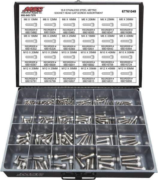 Value Collection - 240 Piece Stainless Steel Socket Head Cap Screws - M6 to M12 Thread, 18-8 - USA Tool & Supply