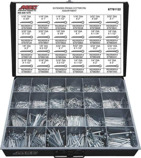 Value Collection - 2,325 Piece, 1/16 to 1/4" Pin Diam, Extended Prong Cotter Pin Assortment - 3/4 to 3" Long, Grade 2 Steel - USA Tool & Supply