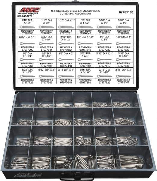 Value Collection - 1,250 Piece, 1/16 to 3/16" Pin Diam, Extended Prong Cotter Pin Assortment - 1/2 to 2" Long, 18-8 Stainless Steel - USA Tool & Supply