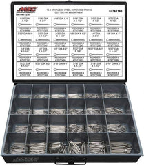 Value Collection - 1,250 Piece, 1/16 to 3/16" Pin Diam, Extended Prong Cotter Pin Assortment - 1/2 to 2" Long, 18-8 Stainless Steel - USA Tool & Supply