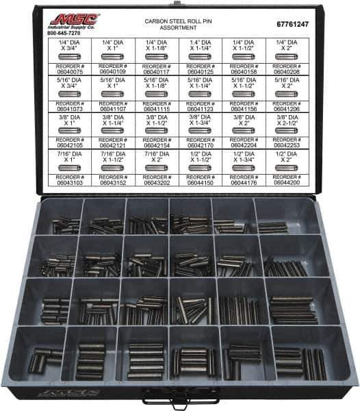 Value Collection - 320 Piece, 1/4 to 1/2" Pin Diam, Spring Pin Assortment - 1-3/4 to 2" Long, Grade 2 Steel - USA Tool & Supply