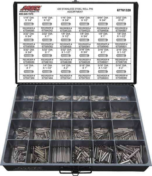 Value Collection - 115 Piece, 1/16 to 5/16" Pin Diam, Dowel Pin Assortment - 1/4 to 2" Long, 402 Stainless Steel - USA Tool & Supply