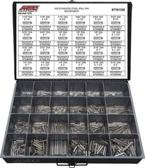 Value Collection - 115 Piece, 1/16 to 5/16" Pin Diam, Dowel Pin Assortment - 1/4 to 2" Long, 402 Stainless Steel - USA Tool & Supply