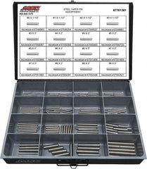 Value Collection - 130 Piece, #0 to #8" Pin Diam, Taper Pin Assortment - 1-1/2 to 4" Long, Grade 2 Steel - USA Tool & Supply