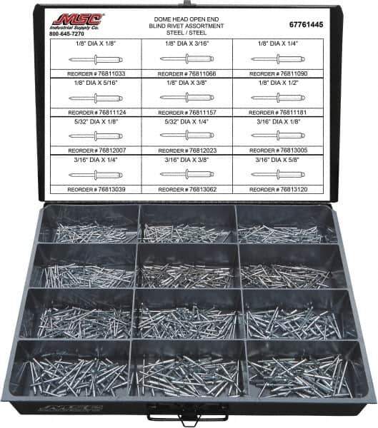 Value Collection - 1,100 Piece, 1/8 to 3/16" Hole Diam, Dome Head, Steel Blind Rivet Assortment - 1/8 to 5/8" Length, Steel Mandrel - USA Tool & Supply