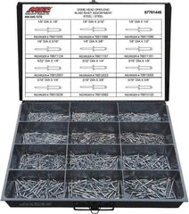 Value Collection - 1,100 Piece, 1/8 to 3/16" Hole Diam, Dome Head, Steel Blind Rivet Assortment - 1/8 to 5/8" Length, Steel Mandrel - USA Tool & Supply