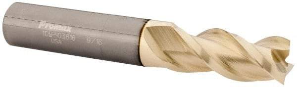 ProMax - 9/16", 1-1/4" LOC, 9/16" Shank Diam, 3-1/2" OAL, 3 Flute, Solid Carbide Square End Mill - Single End, ZrN Finish, Spiral Flute, 40° Helix, Right Hand Cut, Right Hand Flute, Series 109 - USA Tool & Supply