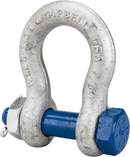 Campbell - 7/8" Nominal Chain Size, 6.5 Ton Carbon Steel Bolt Anchor Shackle - 7/8" Diam, 7/8" Pin Diam, 3-1/8" High x 1-7/16" Wide Inside Jaw, 2-1/16" Inside Width, 2" Max Body Thickness - USA Tool & Supply