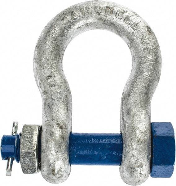 Campbell - 1" Nominal Chain Size, 8.5 Ton Carbon Steel Bolt Anchor Shackle - 1" Diam, 1" Pin Diam, 3-3/4" High x 1-11/16" Wide Inside Jaw, 2-1/2" Inside Width, 2-3/8" Max Body Thickness - USA Tool & Supply