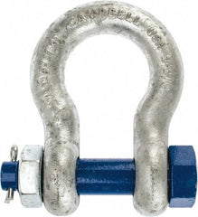 Campbell - 1-1/8" Nominal Chain Size, 9.5 Ton Carbon Steel Bolt Anchor Shackle - 1-1/8" Diam, 1-1/8" Pin Diam, 4-1/4" High x 1-13/16" Wide Inside Jaw, 2-15/16" Inside Width, 2-5/8" Max Body Thickness - USA Tool & Supply