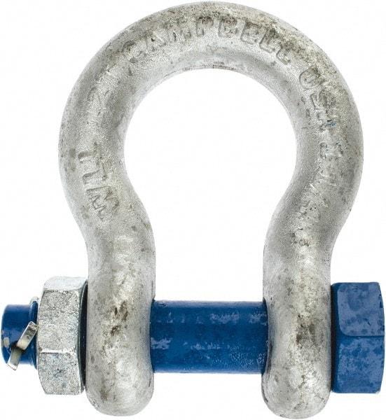 Campbell - 1-1/4" Nominal Chain Size, 12 Ton Carbon Steel Bolt Anchor Shackle - 1-1/4" Diam, 1-1/4" Pin Diam, 4-1/2" High x 2" Wide Inside Jaw, 3-1/4" Inside Width, 3" Max Body Thickness - USA Tool & Supply