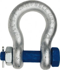 Campbell - 1-1/2" Nominal Chain Size, 17 Ton Carbon Steel Bolt Anchor Shackle - 1-1/2" Diam, 1-1/2" Pin Diam, 5-3/4" High x 2-3/8" Wide Inside Jaw, 3-7/8" Inside Width, 3-1/2" Max Body Thickness - USA Tool & Supply