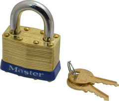 Master Lock - 15/16" Shackle Clearance, Keyed Alike Laminated Brass Padlock - 5/16" Shackle Diam, Brass - USA Tool & Supply