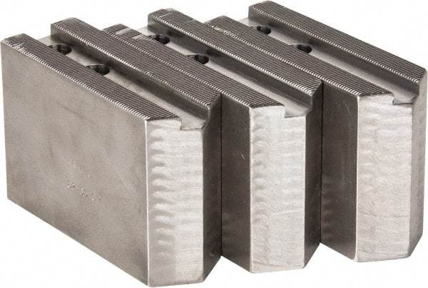 H & R Manufacturing - 1.5mm x 60° Serrated Attachment, Square Soft Lathe Chuck Jaw - 3 Jaws, Steel, 1.181" Btw Mount Hole Ctrs, 5" Long x 1-3/4" Wide x 3-1/2" High, 0.63" Groove, 12mm Fastener - USA Tool & Supply
