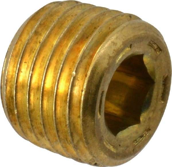 Unbrako - 1/4-18, 13/32" OAL, Brass Socket Pressure Plug - 7/8" Taper per Foot, 1/4" Hex Key - USA Tool & Supply