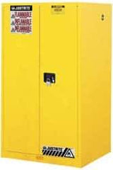 Justrite - 2 Door, 2 Shelf, Yellow Steel Standard Safety Cabinet for Flammable and Combustible Liquids - 65" High x 34" Wide x 34" Deep, Manual Closing Door, 3 Point Key Lock, 60 Gal Capacity - USA Tool & Supply