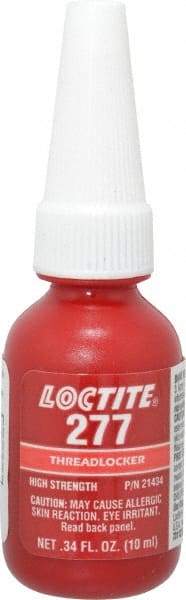 Loctite - 10 mL Bottle, Red, High Strength Liquid Threadlocker - Series 277, 24 hr Full Cure Time, Hand Tool, Heat Removal - USA Tool & Supply