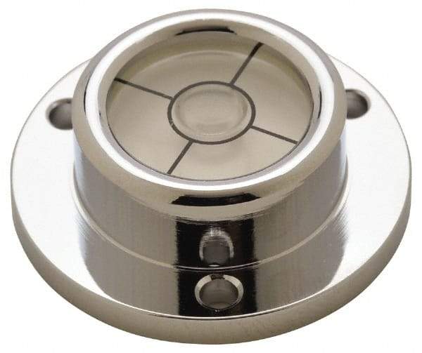 Geier & Bluhm, Inc. - 1-1/4 Inch Base Diameter x 0.44 Inch Overall Height, 1 Circle, Brass Bull's Eye Circular Level - 0.276 Inch Vial Diameter, 5/8 Inch Inner Diameter, 0.12 Inch Mounting Hole Diameter, 0.1 Inch Sensitivity, -40 to 150°F, Cross Lines - USA Tool & Supply