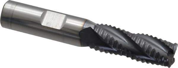 ProMax - 1/2" Diam, Coarse Pitch, 1-1/4" LOC, 4 Flute Solid Carbide 0.055-0.065" Corner Radius Roughing End Mill - AlTiN Finish, 3" OAL, 1/2" Shank Diam, Single End, Centercutting, 30° Helix - USA Tool & Supply