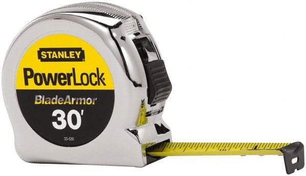 Stanley - 30' x 1" Yellow Blade Tape Measure - 1/16" Graduation, Inch Graduation Style, Silver Case - USA Tool & Supply