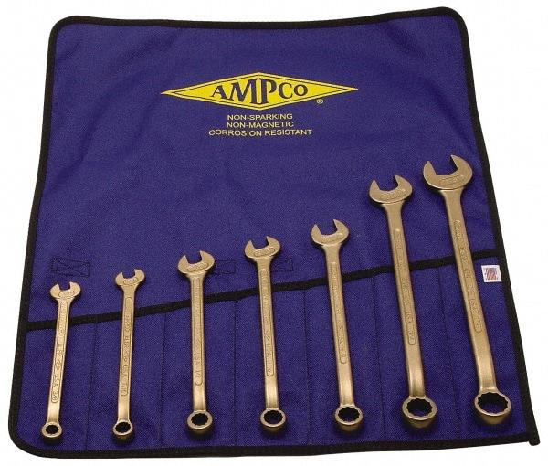 Ampco - 7 Piece, 3/8" to 7/8", 12 Point Combination Wrench Set - Inch Measurement Standard, Aluminum Bronze Finish, Comes in Roll-Up Pouch - USA Tool & Supply