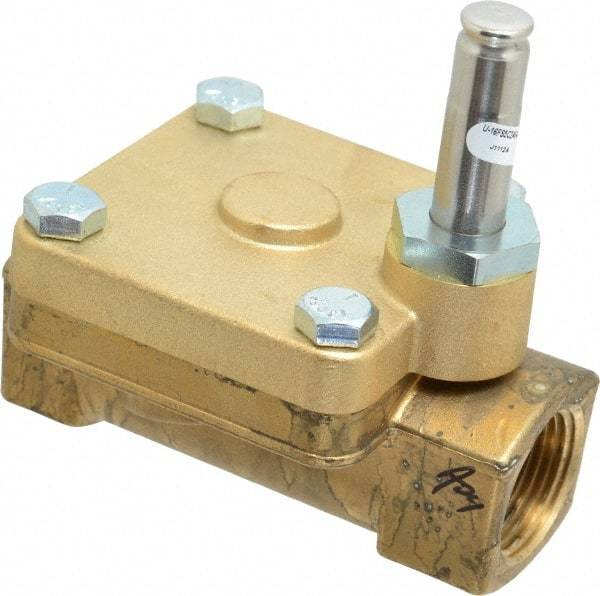 Parker - 1" Port, Two Way, Piloted Diaphragm, Brass Solenoid Valve - Normally Closed, 125 Max PSI, PTFE Seal - USA Tool & Supply