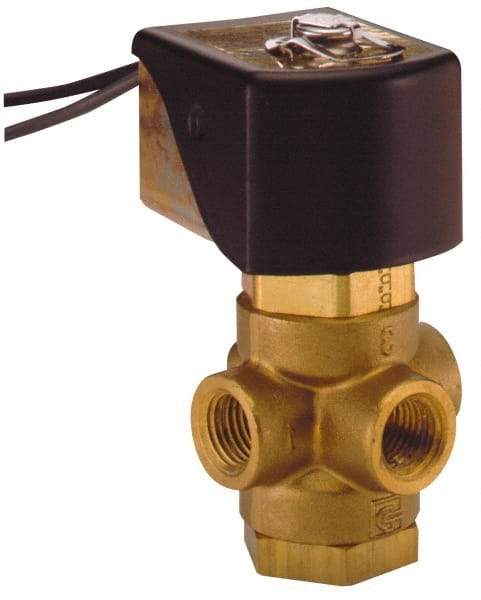Parker - 1/4" Port, Three Way, Direct Acting, Brass Solenoid Valve - Universal, 125 Max PSI, NBR Seal - USA Tool & Supply