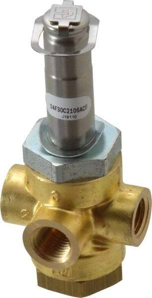 Parker - 1/4" Port, Three Way, Direct Acting, Brass Solenoid Valve - Normally Closed, 150 Max PSI, NBR Seal - USA Tool & Supply