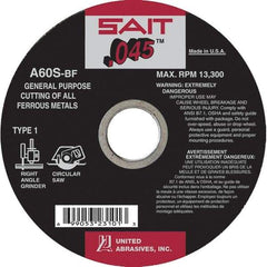 Sait - 7" 60 Grit Aluminum Oxide Cutoff Wheel - 0.045" Thick, 5/8" Arbor, 8,500 Max RPM, Use with Angle Grinders - USA Tool & Supply