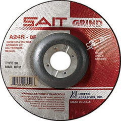 Sait - 24 Grit, 9" Wheel Diam, 1/4" Wheel Thickness, 7/8" Arbor Hole, Type 28 Depressed Center Wheel - Aluminum Oxide, Resinoid Bond, R Hardness, 6,600 Max RPM, Compatible with Angle Grinder - USA Tool & Supply