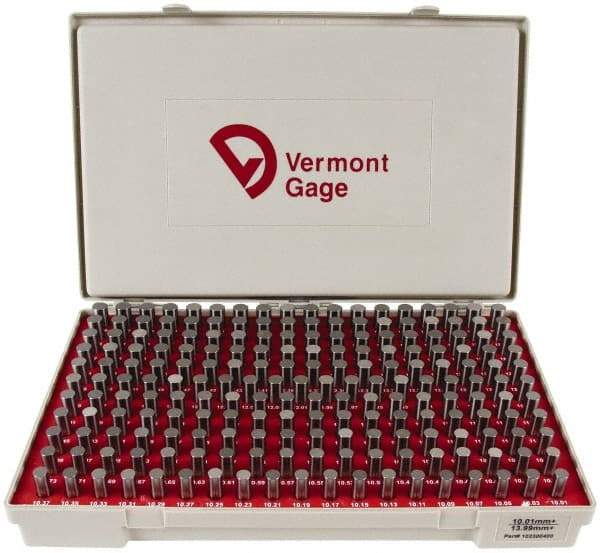 Vermont Gage - 200 Piece, 10.01-13.99 mm Diameter Plug and Pin Gage Set - Plus 0.01 mm Tolerance, Class ZZ - USA Tool & Supply