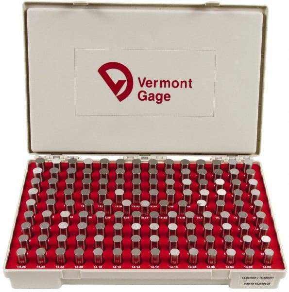 Vermont Gage - 125 Piece, 14-16.48 mm Diameter Plug and Pin Gage Set - Plus 0.01 mm Tolerance, Class ZZ - USA Tool & Supply