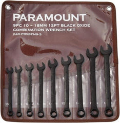 Paramount - 9 Piece, 10mm to 18mm, 12 Point Combination Wrench Set - Metric Measurement Standard, Black Oxide Finish, Comes in Canvas Roll - USA Tool & Supply