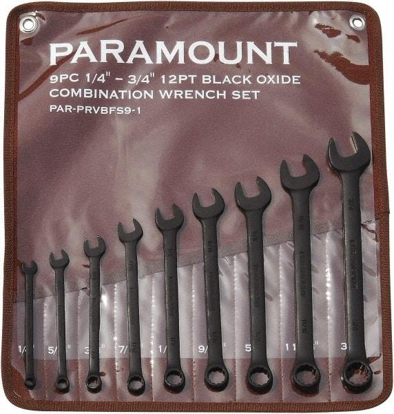 Paramount - 9 Piece, 1/4" to 3/4", 12 Point Combination Wrench Set - Inch Measurement Standard, Black Oxide Finish, Comes in Canvas Roll - USA Tool & Supply