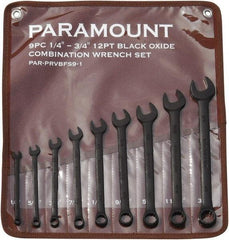 Paramount - 9 Piece, 1/4" to 3/4", 12 Point Combination Wrench Set - Inch Measurement Standard, Black Oxide Finish, Comes in Canvas Roll - USA Tool & Supply