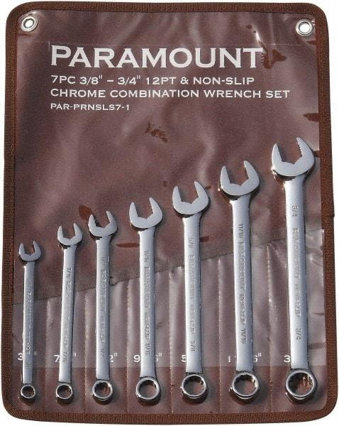 Paramount - 7 Piece, 3/8" to 3/4", 12 Point Combination Wrench Set - Inch Measurement Standard, Full Polish Finish, Comes in Canvas Roll - USA Tool & Supply