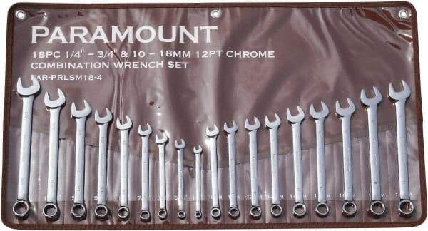 Paramount - 18 Piece, 1/4" to 3/4" (10mm to 18mm), 12 Point Combination Wrench Set - Inch/Metric Measurement Standard, Full Polish Finish, Comes in Canvas Roll - USA Tool & Supply