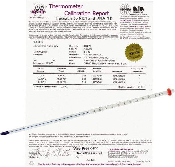 H-B Instruments - -20 to 110°C, Organic Filled Precision Thermometer - 12 Inch Immersion Length - USA Tool & Supply