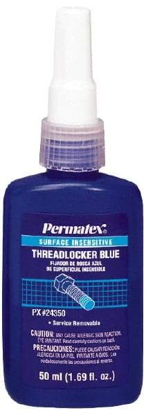 Permatex - 50 mL Bottle, Blue, Medium Strength Liquid Threadlocker - Series 243, 24 hr Full Cure Time, Hand Tool Removal - USA Tool & Supply