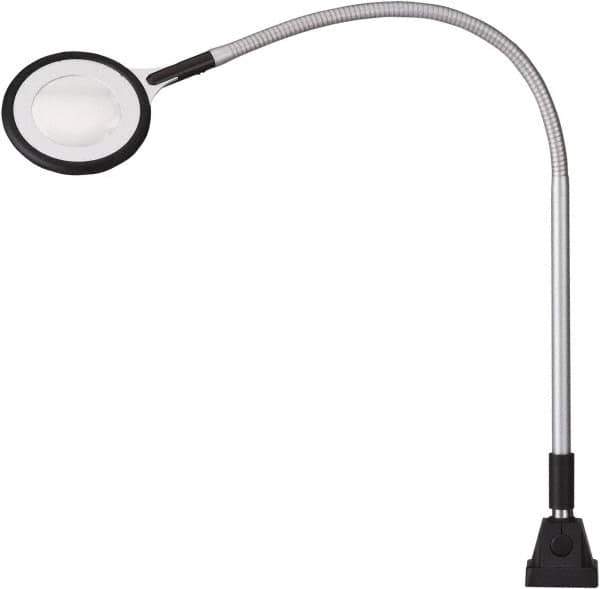 Waldmann Lighting - 25.4 Inch, Gooseneck, Clamp Mounted, LED, Silver, Magnifying Task Light - 6 Watt, 100 to 240 Volt, 2.25x Magnification, 71mm Wide - USA Tool & Supply