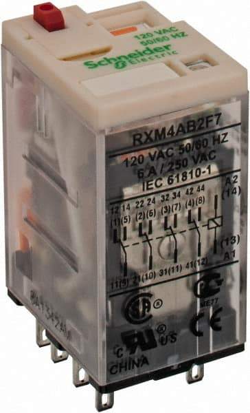 Square D - 14 Pins, 1.2 VA Power Rating, Ice Cube Electromechanical Plug-in General Purpose Relay - 6 Amp at 277 VAC, 4PDT, 120 VAC, 21mm Wide x 40mm High x 27mm Deep - USA Tool & Supply