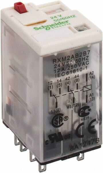 Square D - 8 Pins, 1.2 VA Power Rating, Ice Cube Electromechanical Plug-in General Purpose Relay - 12 Amp at 277 VAC, DPDT, 24 VAC, 21mm Wide x 40mm High x 27mm Deep - USA Tool & Supply