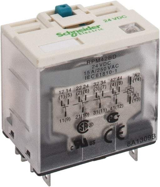 Square D - 14 Pins, Ice Cube Electromechanical Plug-in General Purpose Relay - 15 Amp at 277 V, 4PDT, 24 VDC, 41mm Wide x 39mm High x 27mm Deep - USA Tool & Supply