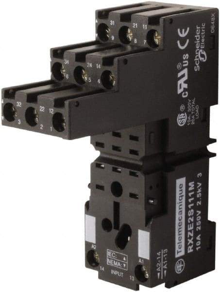 Square D - 14 Pins, 250 Volt, 5 and 10 Amp, 4PDT, Ice Cube Relay Socket - DIN Rail Mount, Screw Panel Mount, IP20, Plug In Terminal - USA Tool & Supply