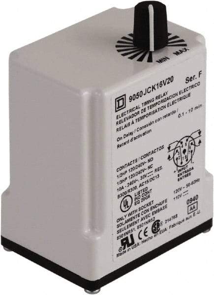 Square D - 8 Pin, 0.1 to 10 min Delay, Single Range DPDT Time Delay Relay - 10 Contact Amp, 240 VAC, Knob - USA Tool & Supply