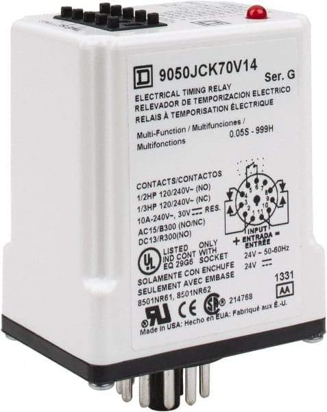 Square D - 11 Pin, 999 min Delay, Multiple Range DPDT Time Delay Relay - 10 Contact Amp, 24 VAC/VDC - USA Tool & Supply