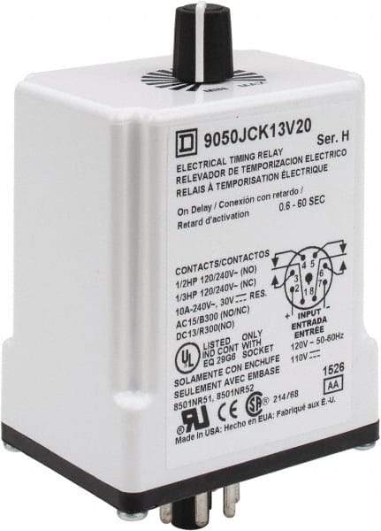 Square D - 8 Pin, 1 min Delay, Multiple Range DPDT Time Delay Relay - 10 Contact Amp, 110 VDC & 120 VAC - USA Tool & Supply