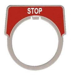 Schneider Electric - Square, Plastic Legend Plate - Stop - Red Background, Black Letters, 1.2 Inch Hole Diameter, 1-3/4 Inch Square - USA Tool & Supply