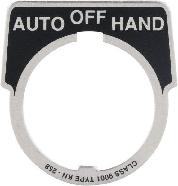 Square D - Metal Legend Plate - Auto-Off-Hand - Black Background, White Letters, 30mm Hole Diameter - USA Tool & Supply