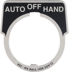 Square D - Metal Legend Plate - Auto-Off-Hand - Black Background, White Letters, 30mm Hole Diameter - USA Tool & Supply